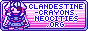 The Clandestine Crayons Neocities' Shareable Button, featuring Candie.